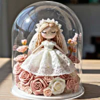 باکس عروسک بافتنی و گل مصنوعی روبانی