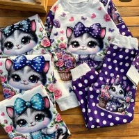 لباس شلوار بچه گانه طرح گربه رنگ بنفش