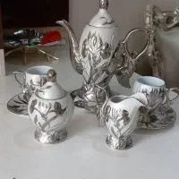 سرویس چینی ژاپن ۱۸ نفره نقره کوب گل برجسته