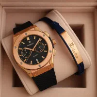 پکیج دستبند پلاک دار+ساعت مچی Hublot طلایی مدل C70