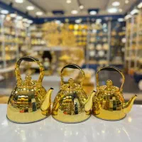 قوری تمام طلایی دسته چوبی نقره ای طلایی