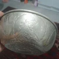 کاسه بزرگ عتیقه قلم دست کهنه و قابلمه کوچک مسی