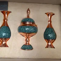 ست سه تیکه گلدان و شکلات خوری فیروزه کوبی روی مس