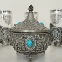سرویس پذیرایی آنتیک با نگین فیروزه‌ای استکان قندان|ظروف سرو و پذیرایی|قم, حنیف نژاد|دیوار