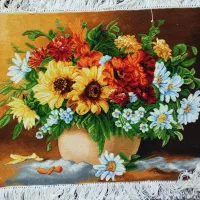 تابلو فرش دستبافت با گل های ابریشمی