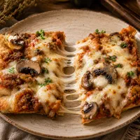 پیتزا مرغ و قارچ خانگی . خمیر دست‌ساز و روزپخت