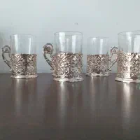 ۶ عدد چای خوری انگاره سیلور و استکانهای فرانسوی