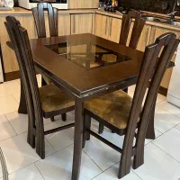 میز ناهارخوری ۴ نفره چوبی با شیشه وسط + ۴ صندلی