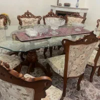 میز ناهارخوری شیشه ۱۰میل پایه منبت گلدانی صندلی‌ها|میز و صندلی غذاخوری|تهران, استقلال|دیوار