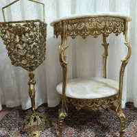 میز تلفن دو طبقه و سطل برنز