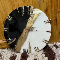 ساعت دیواری طرح سنگ سفید مشکی رزینی دستساز