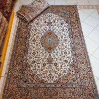جفت قالیچه دستباف کاشان کرم ،مارک شادسر