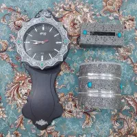ست دکوری خاص ساعت دیواری طرح نقره و نگین فیروزه ای
