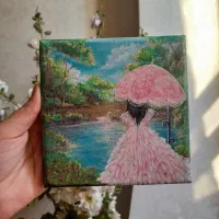 تابلوی رنگ آکریلیک با طرح اورجینال قو و دختر صورتی