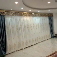 پرده پذیرایی حریر گلبرجسته ترک و پنل مخمل ترک|پرده، رانر، رومیزی|تهران, مجیدآباد|دیوار