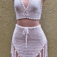 ست قلاب بافی شورت وسوتین و کراپ تاپ دخترانه وزنانه