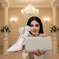 کفش و کیف مرواریدی سفید، کرم، توری