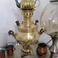 سماور زغالی برنجی قدیمی سالم به همراه قوری
