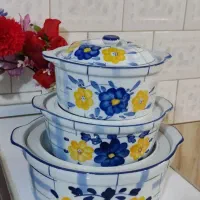 ظروف گل پنبه ای و ظرف عسلی و قاشق و کارد قدیمی