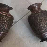 دو عدد گلدان قدیمی مس نقره قدیمی کنده کاری اصفهان