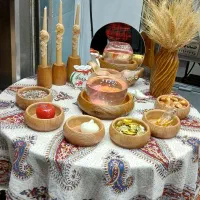 هفت سین اهرا.طرح چوب.شمع.خوشه گندم.شمع