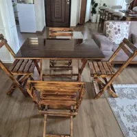 میز وصندلی چوبی از چوب نراد به همراه شیشه رومیزی