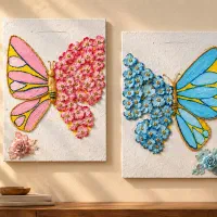 تابلو دست‌ساز پروانه صورتی و آبی با گل سه‌بعدی