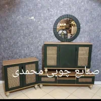 کنسول بااینه گرد مدل حصیری دو رنگ سفید لیون