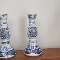 یک جفت شمعدان چینی گل آبی انگلیسی