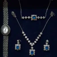 ست نقره با سنگ توپاز گردنبند گوشواره دستبند ساعت