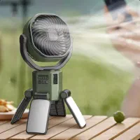 پنکه شارژی خورشیدی کمپی چراغ‌دار با پاوربانک