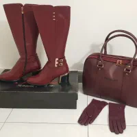 ست چکمه و کیف و دستکش چرم زرشکی