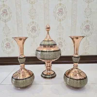 سرویس شکلات‌خوری و گلدان شاهی مس و خاتم