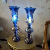 یک جفت شمعدان طلاکوب قدیمی رنگ ابی فوق العاده شیک