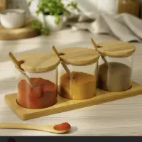 جا ادویه ای ۳ تایی بامبو با قاشق|ظروف نگهدارنده، پلاستیکی، یکبارمصرف|ماکو, |دیوار