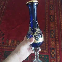 گلدان دکوری شیشه‌ای آبی کبالت با نقوش طلایی