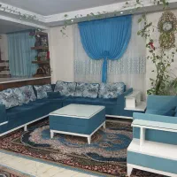 مبل راحتی مدرن آبی سفید  ۸ نفره با بالشت دورو
