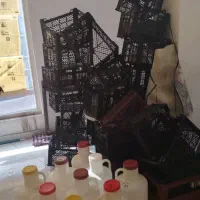 تعدادی گالن خیارشور و سبد گوجه