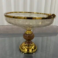 میوه خوری شیشه ترک پایه چوبی گل رز طلایی