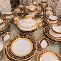 سرویس چینی۱۲نفر غذاخوری روکش طلاژاپن کریستال والتر