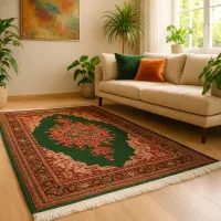 فرش ماشینی کاشان طرح اصیل سبز ۱/۵و۴و۶و۹ متری