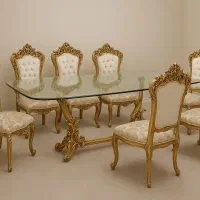 غذاخوری سلطنتی کنده کاری طلایی 8نفره-میز شیشه-جهاز