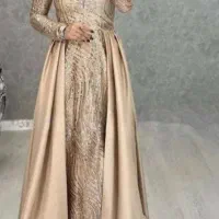 پیراهن  مجلسی دو دامنه کرم نباتی رنگ