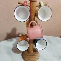 ست ۶ نفره ماگ سرامیکی رنگی با استند چوبی