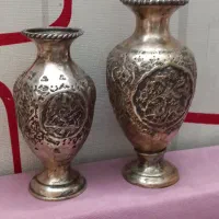 ۲ عدد گلدان برنجی روکش آب نقره قدیمی