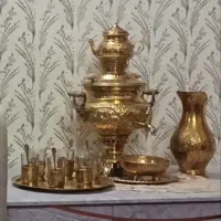 سرویس پارچ وسماور برنج همراه سینی واستکان چای