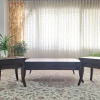 جلو مبلی قهوه ای سوخته همراه با دو میز عسلی