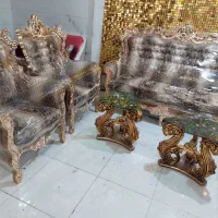 مبل نیمه سلطنتی ۷ نفره تاج عروس تمام چوب طلایی