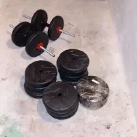 هالتر ۱۷/۵کیلوگرمی و دو دمبل و ۱۶ وزنه ۲/۵کیلوگرمی