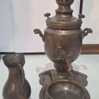 سماور برنجی با پارچ و قوری و سینی کاسه